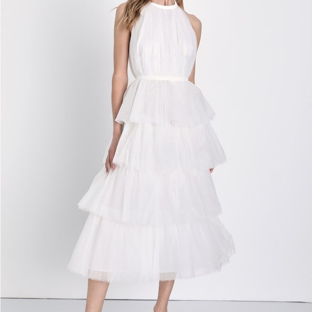 Lulus White Tiered Tulle Midi Dress | Size XL | NWOT | Bridal Wear